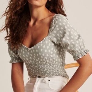 Abercrombie green and white polka dot smocked puff sleeve top